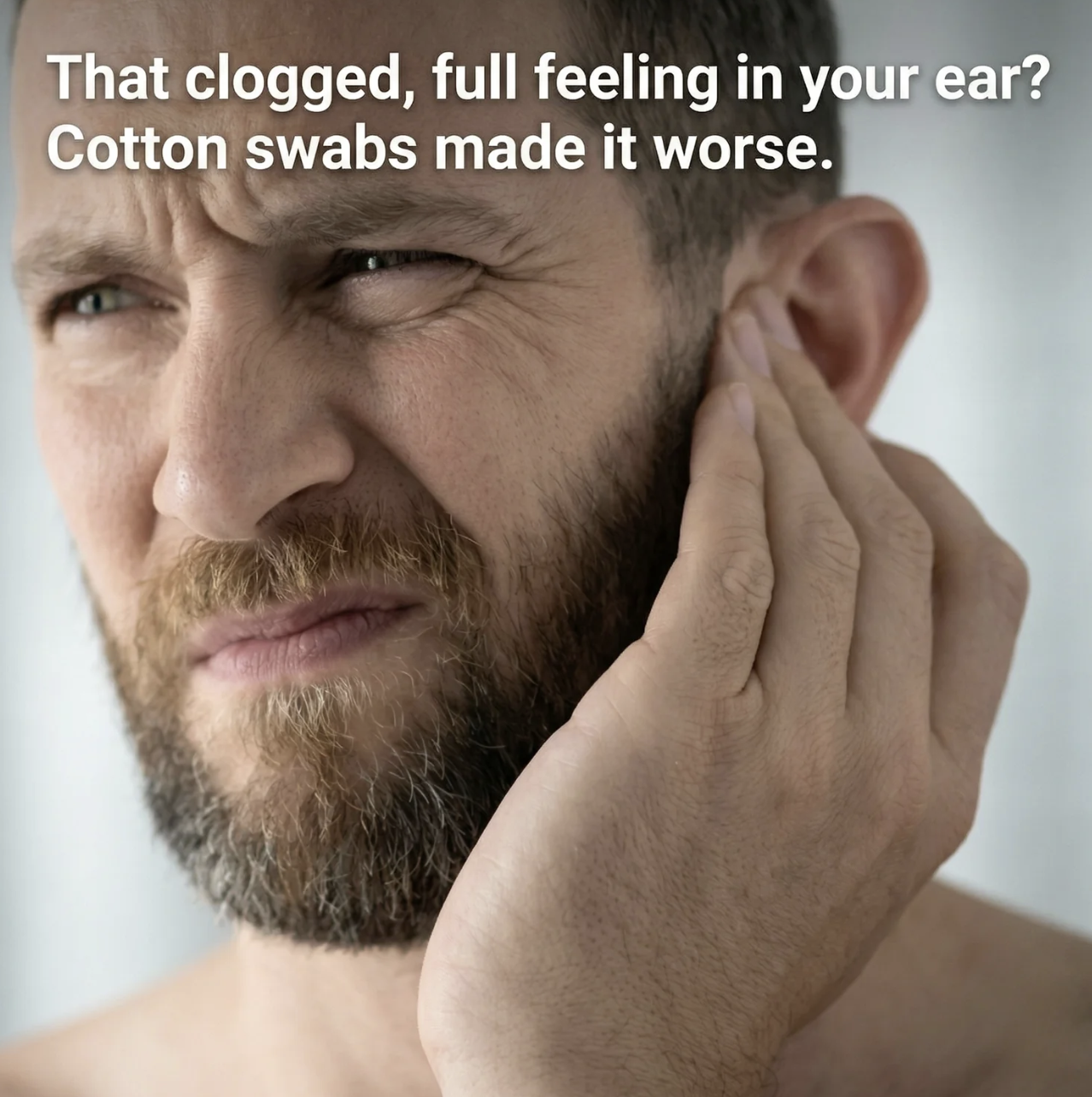 Man holding his ear with a clogged, full feeling