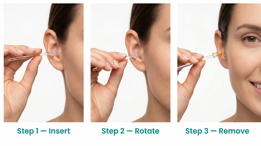 Step 1 insert, step 2 rotate, step 3 remove